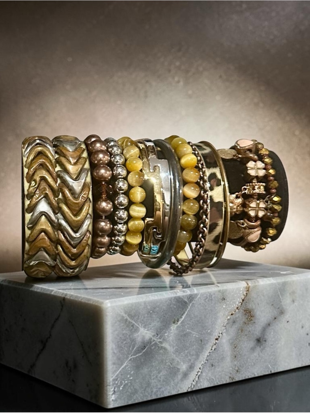 Boho Mixed Media Bracelet Stack Gold Tiger Eye Animal Print Chunky Bangle Lot